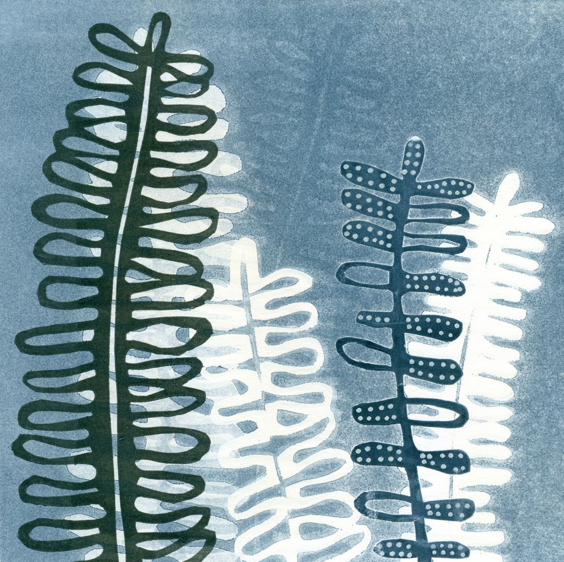 10" x 10" mixed media botanical piece with a fern pattern in indigo blue and white, monoprint with paint