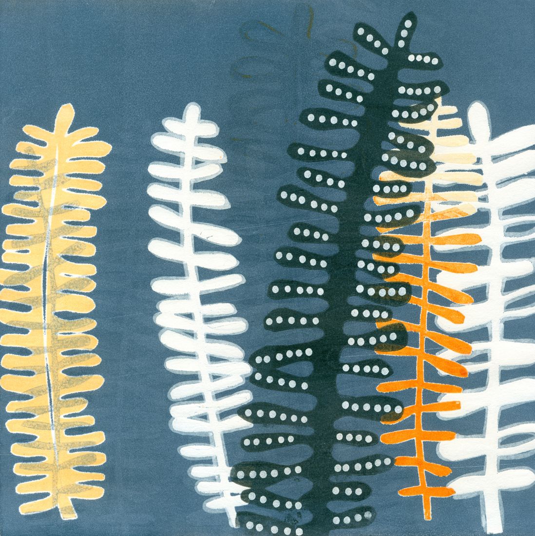 10" x 10" mixed media botanical piece with a fern pattern in indigo blue, orange and white, monoprint with paint