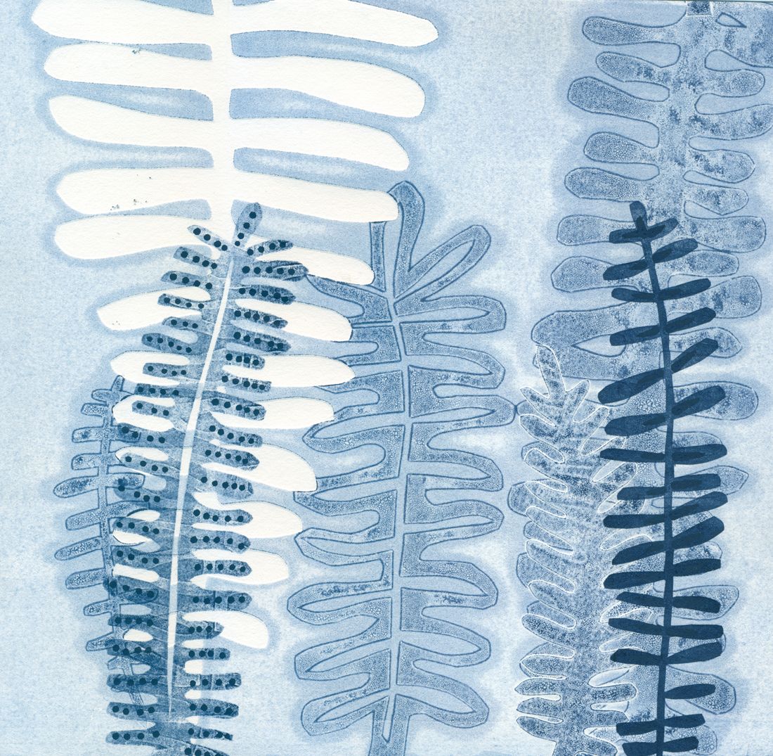 10" x 10" mixed media botanical piece with a fern pattern in indigo blue and white, monoprint with paint