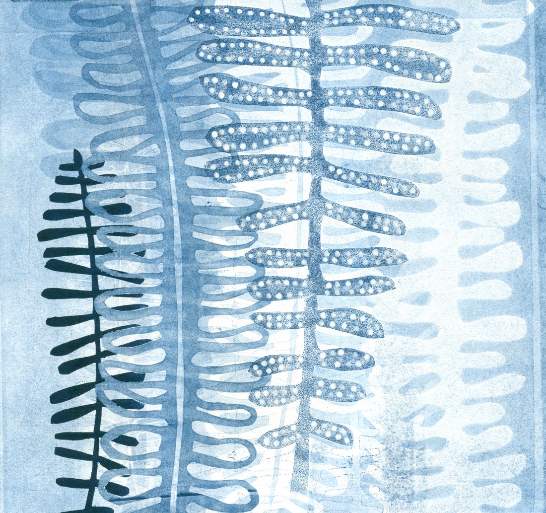 10" x 10" mixed media botanical piece with a fern pattern in indigo blue and white, monoprint with paint