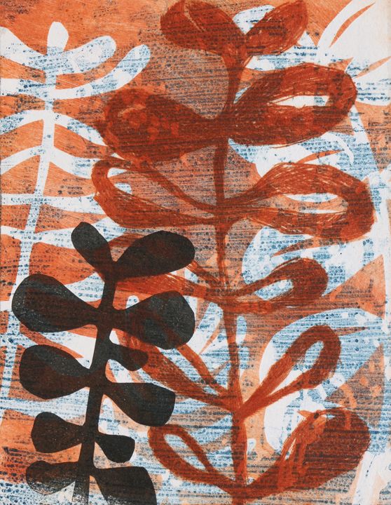 Botanical monoprint using drypoint, stencil and polyester litho techniques in russet, orange, black and blue