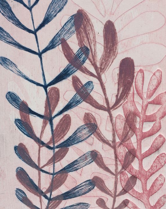 Botanical monoprint in pink and blue using drypoint and collagraph techniques