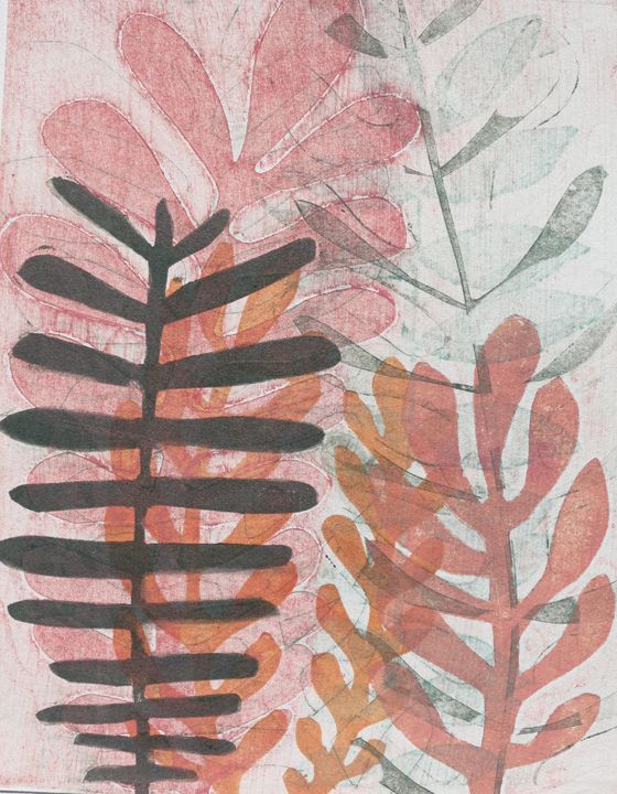 Botanical monoprint using  stencil and collagraph techniques in pink and blue