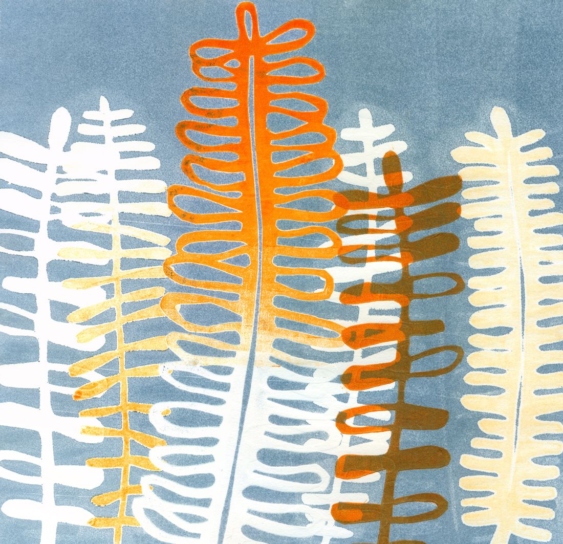 10" x 10" botanical monoprint with a fern pattern in indigo blue, orange and white