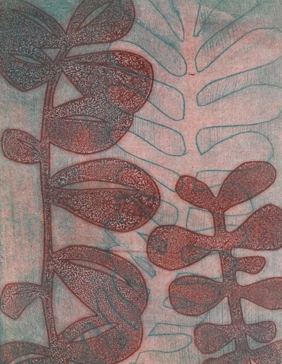 Botanical monoprint using stencil and collagraph techniques in pink and blue