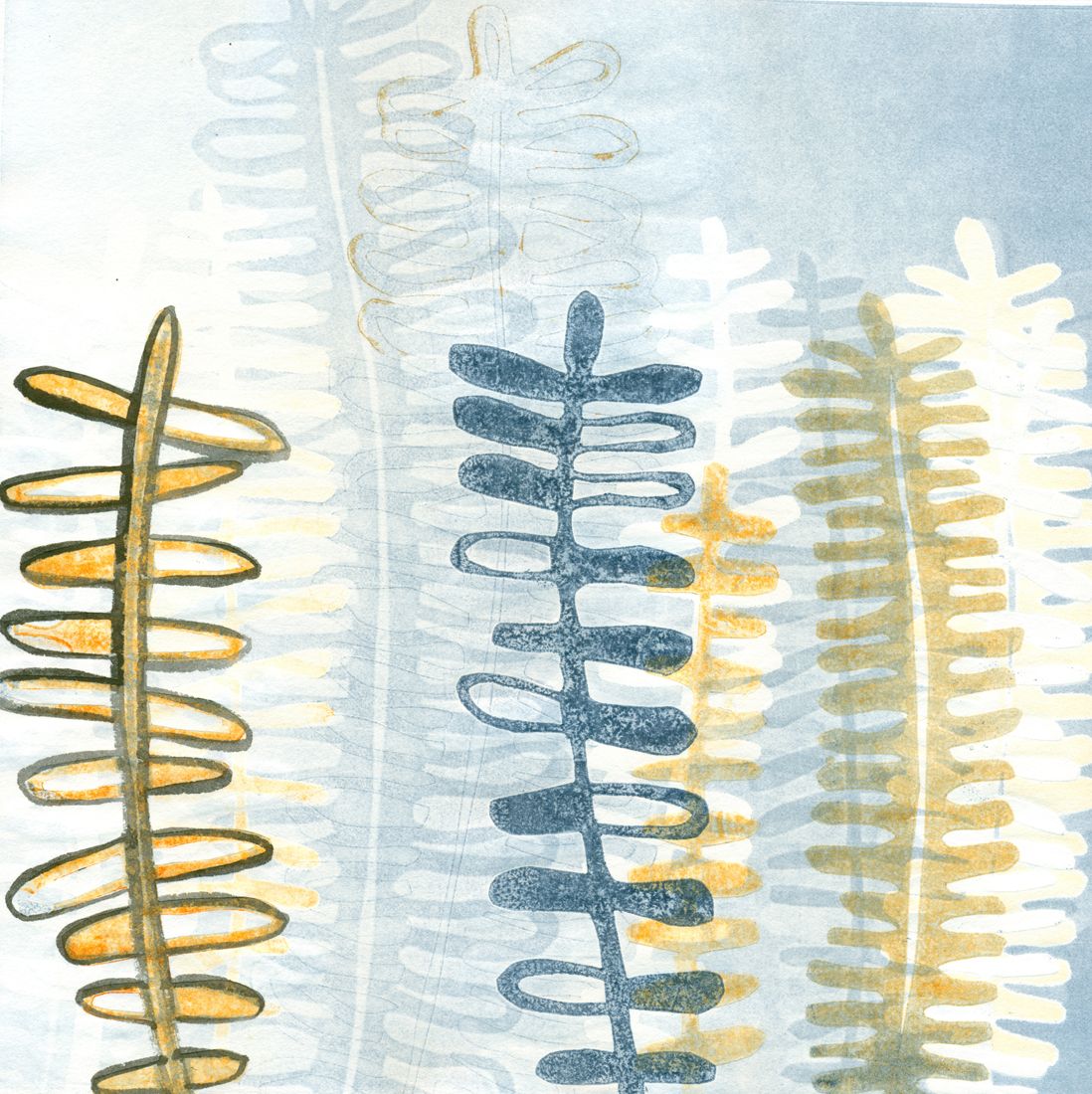 10" x 10" mixed media botanical piece with a fern pattern in indigo blue, orange and white, monoprint with paint