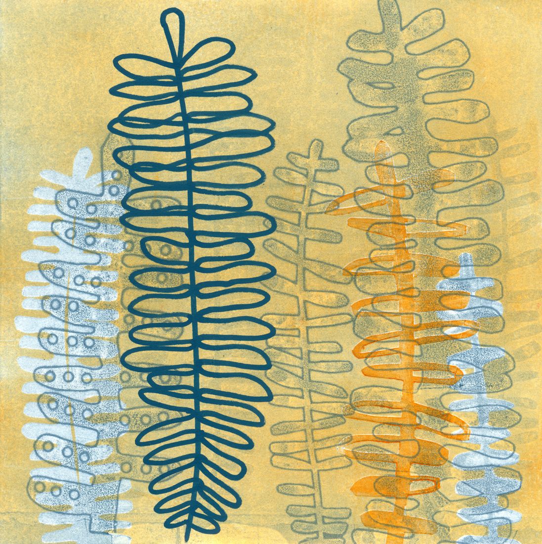 10" x 10" mixed media botanical piece with a fern pattern in indigo blue and orange, monoprint with paint