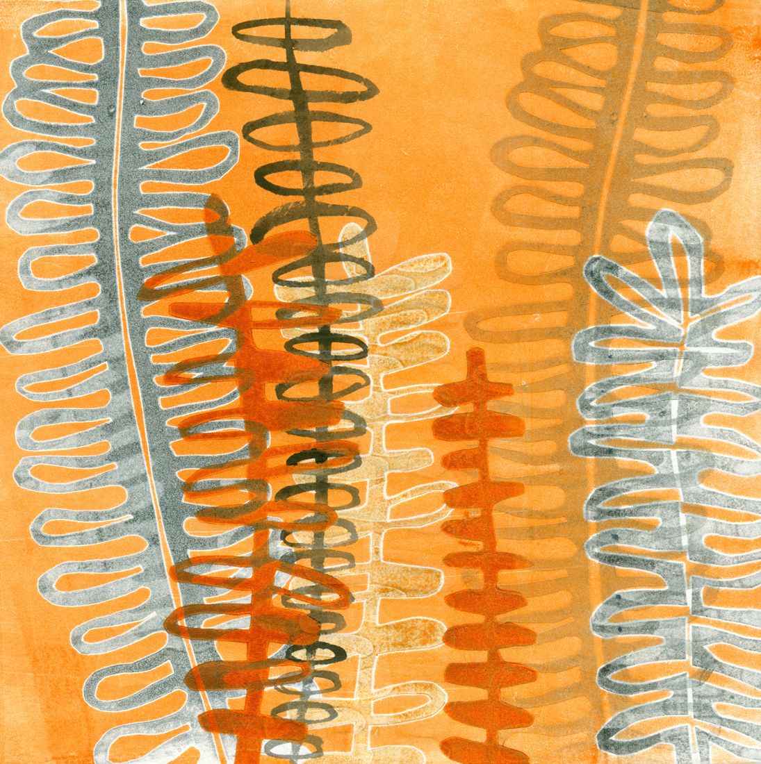 10" x 10" mixed media botanical piece with a fern pattern in indigo blue, orange and white, monoprint with India ink