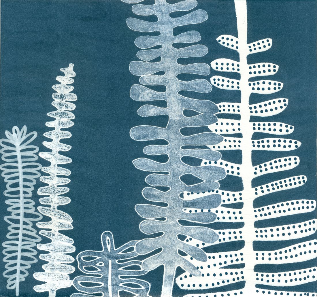 10" x 10" mixed media botanical piece with a fern pattern in indigo blue and white, monoprint with paint